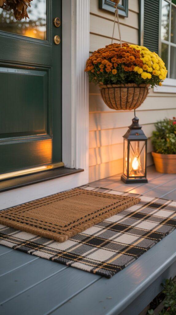 A layered plaid rug with a Front door mat on top.