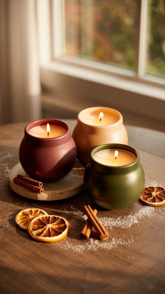 A table with candles and dried orange and cinnamon sticks